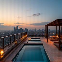 Rooftop lounge with panoramic city view